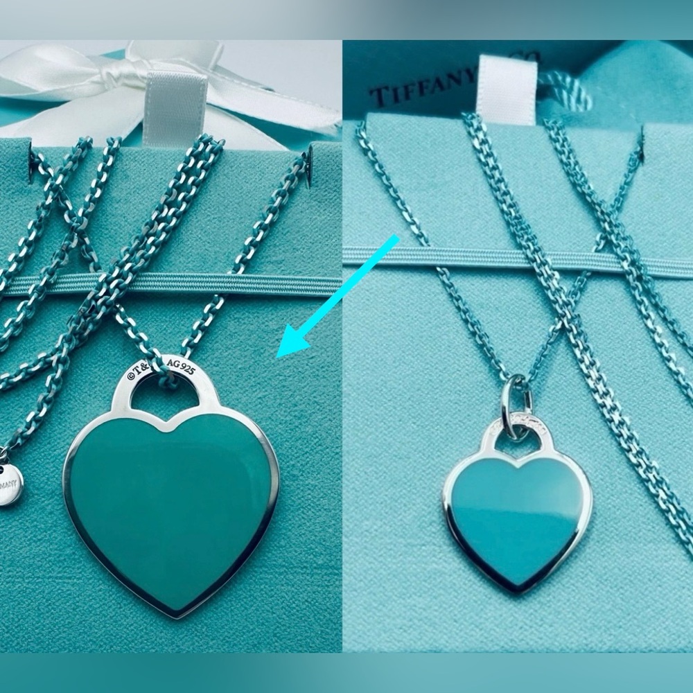Tiffany & Co XL Extra Large Blue Enamel Heart Tag 30” Sparkle Chain w PACKAGING
